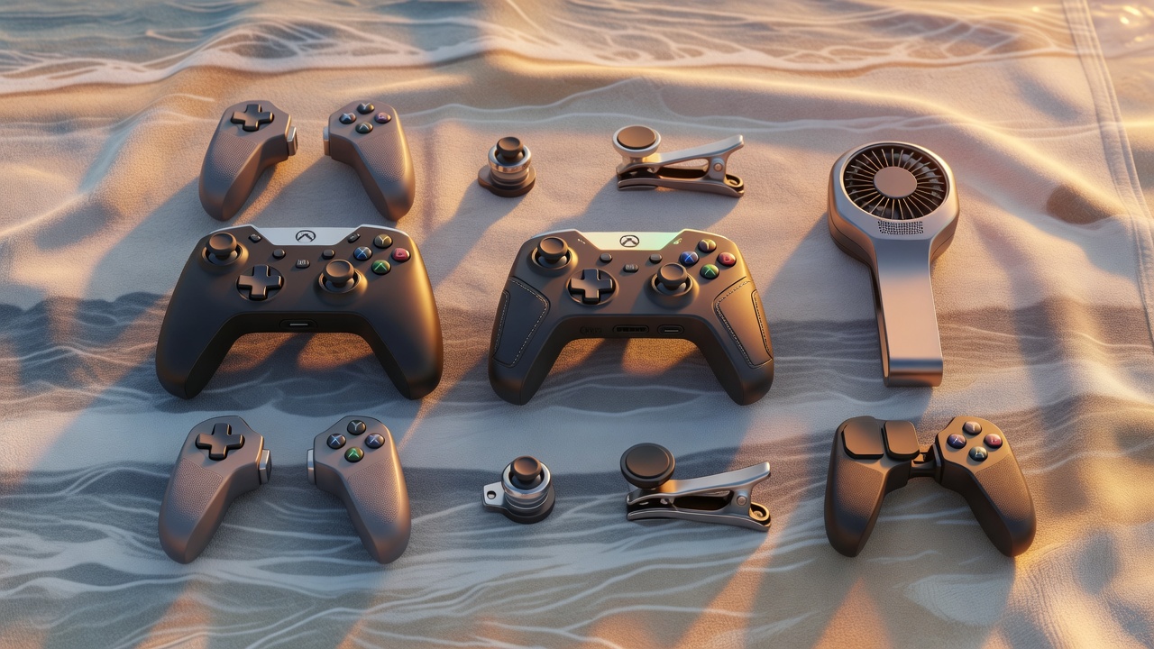 Mobile gaming accessories flatlay including gamepad, cooling fan, triggers and grips