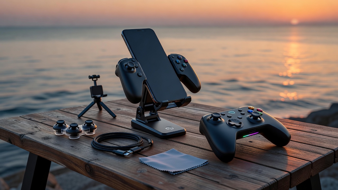 Gaming setup table with mobile accessories organized